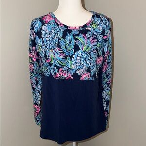 Lilly Pulitzer Navy and Floral Long Sleeve Top Tshirt Medium